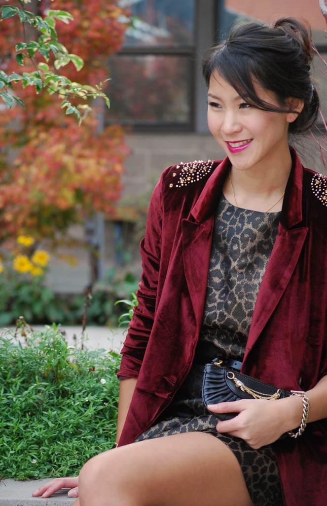 Sister Jane Studded Red Velvet Blazer with Leopard Print Dress