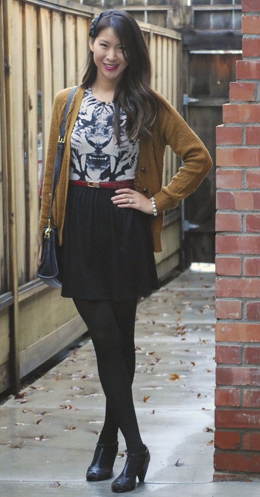 Grandpa cardigan and Topshop Tiger Face Dress