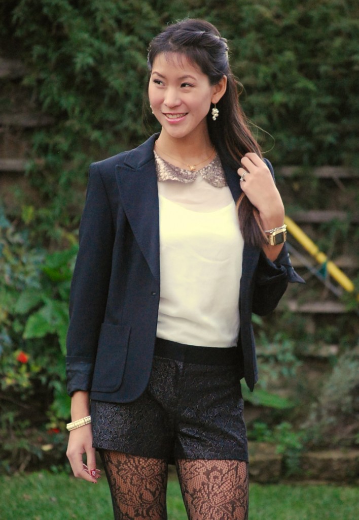 Sequin Collar Blouse with Blazer and Lace Short New Years Eve Outfit