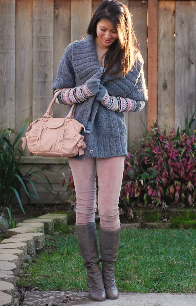 Juicy Couture Oversized Wrap Sweater, Fair Isle Texting Gloves and Corduroy Skinnies