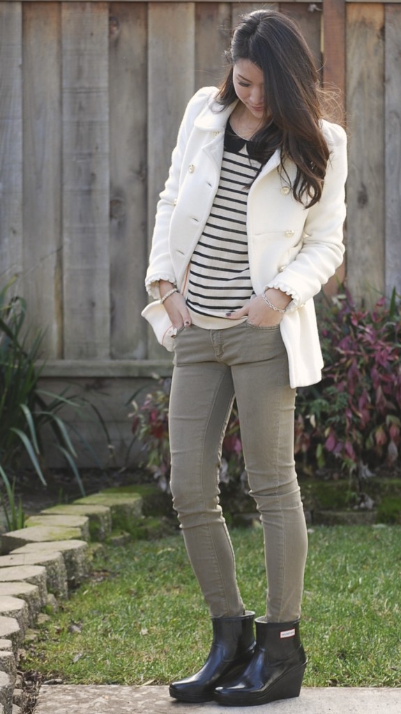 Striped Sweater, Olive Skinnies, Hunter Aston Wedge Boot