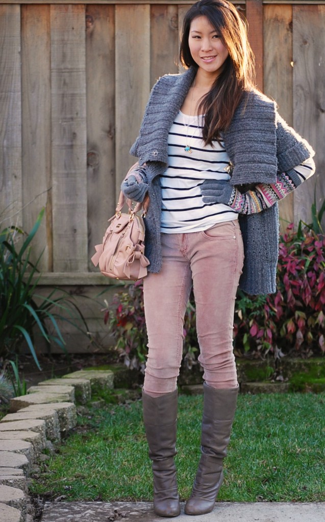 Juicy Couture Oversized Wrap Sweater, Fair Isle Texting Gloves and Corduroy Skinnies