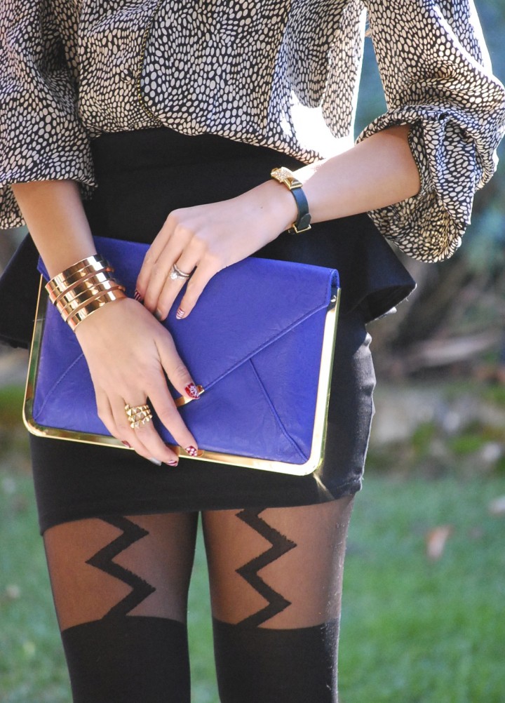 Peplum Skirt, Lightning Bolt Tights, and Blue Envelope Clutch