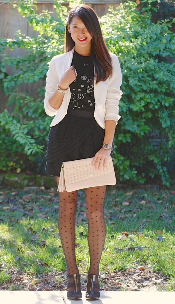 White Blazer Star Wars Astroid Tee and Lace Skirt outfit 