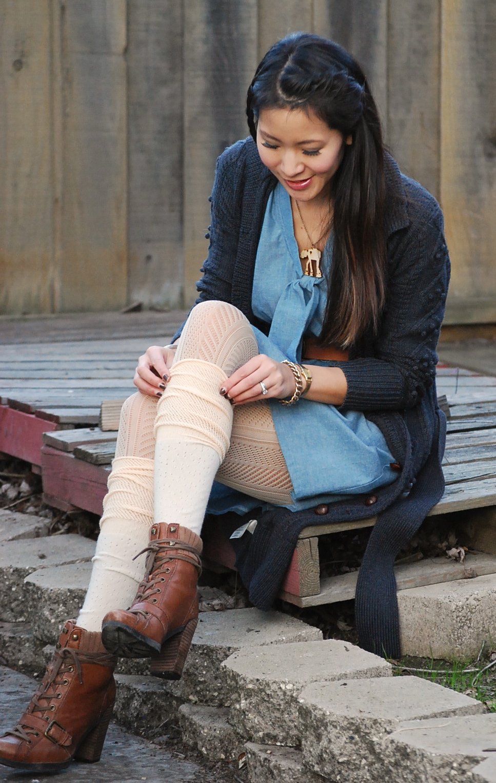 Little Four Clothing Denim Dress and AT-AT necklace with Juicy Long Cardigan