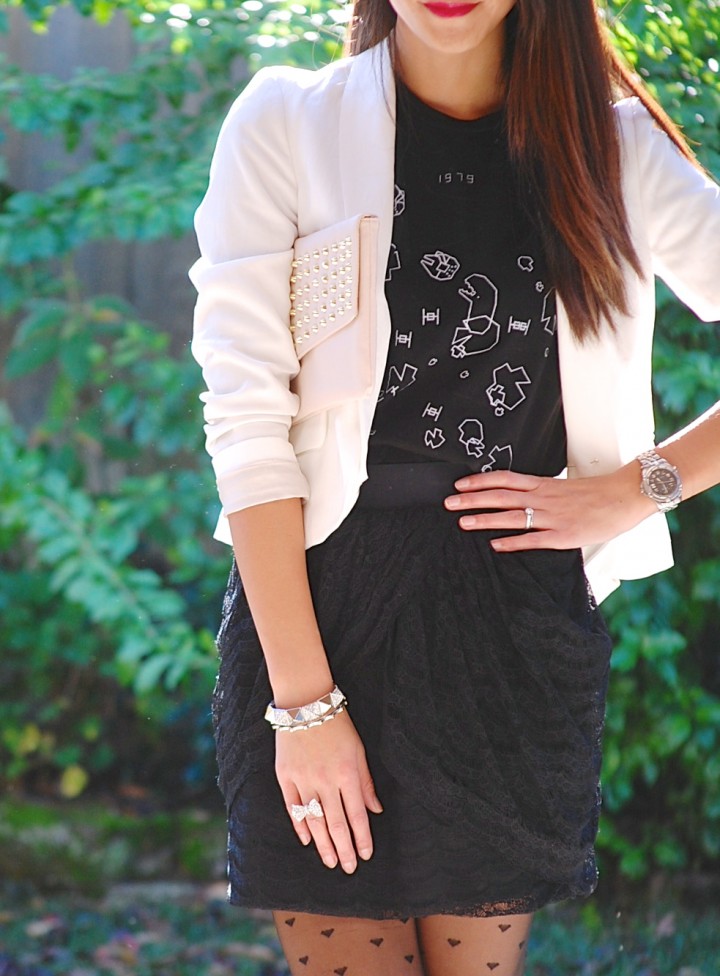 White Blazer Star Wars Astroid Tee and Lace Skirt outfit 