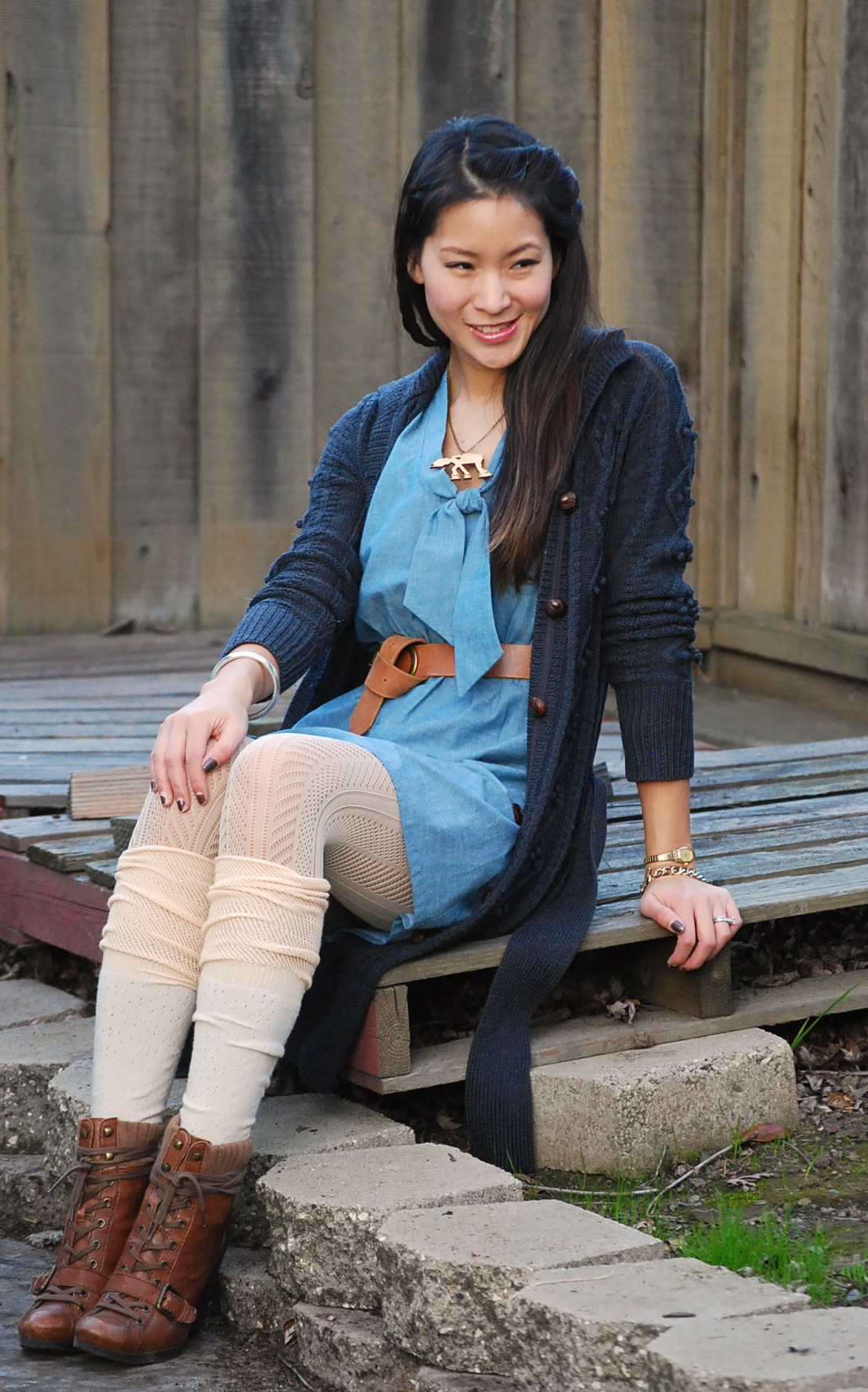 Little Four Clothing Denim Dress and AT-AT necklace with Juicy Long Cardigan