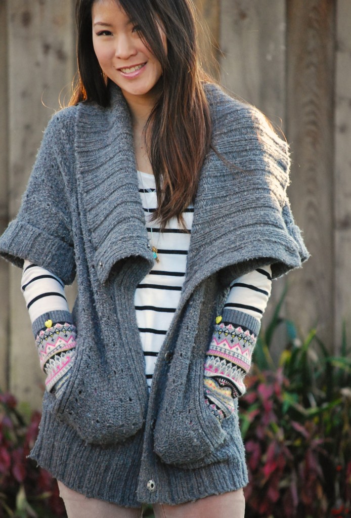 Juicy Couture Oversized Wrap Sweater, Fair Isle Texting Gloves and Corduroy Skinnies 