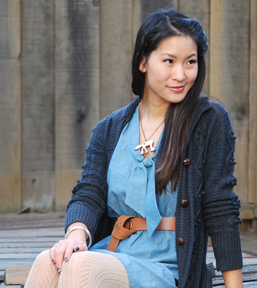 Little Four Clothing Denim Dress and AT-AT necklace with Juicy Long Cardigan