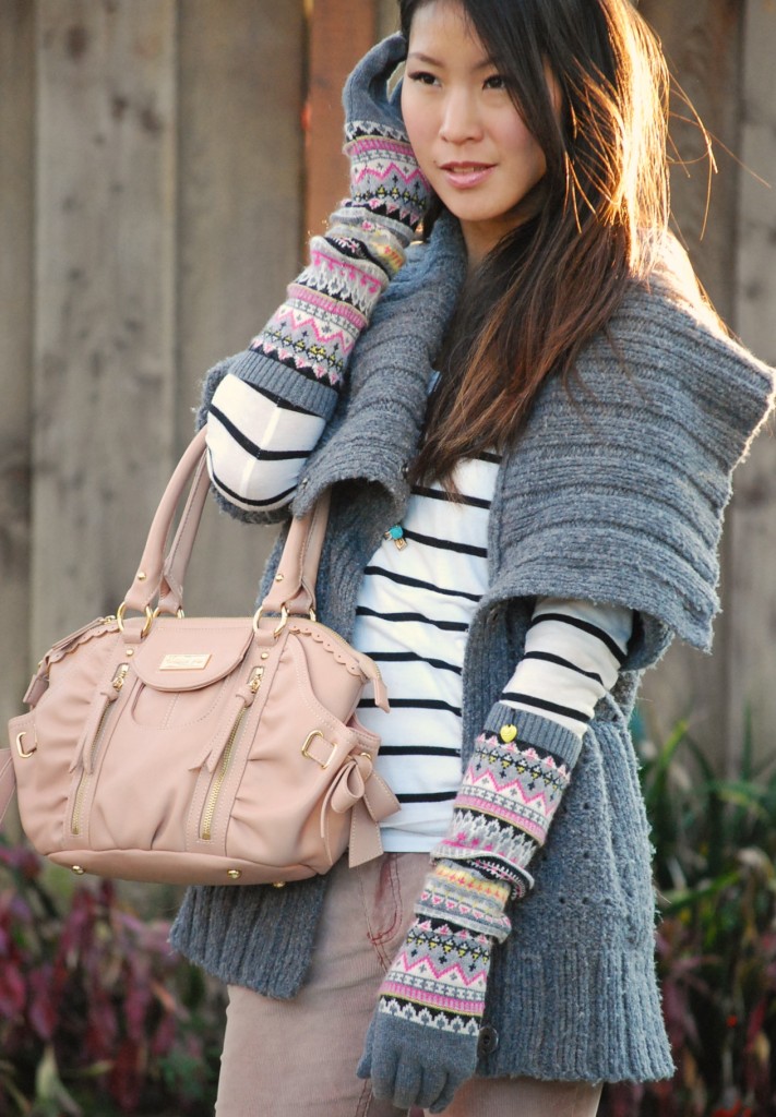 Juicy Couture Oversized Wrap Sweater, Fair Isle Texting Gloves and Corduroy Skinnies 