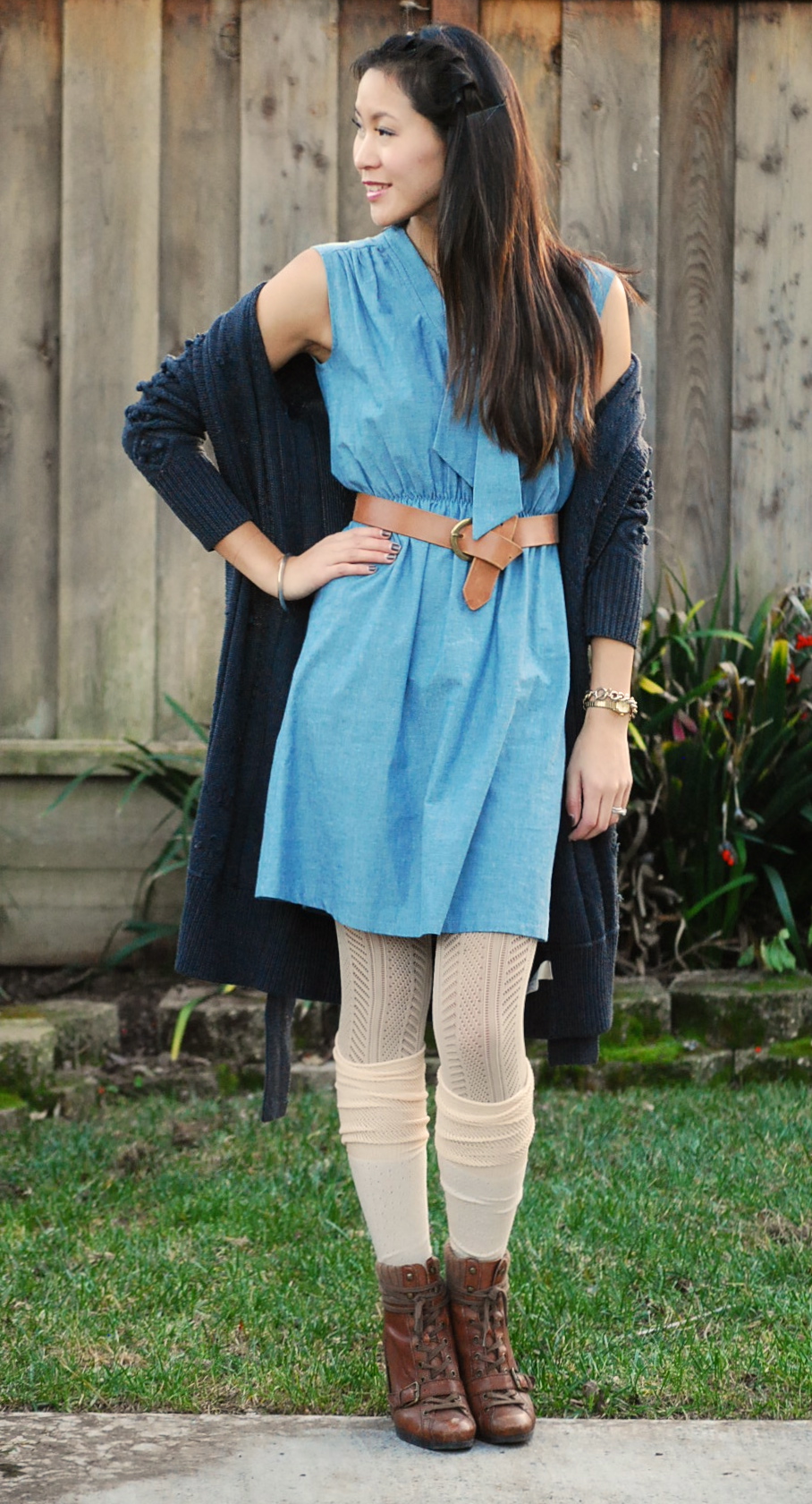 Little Four Clothing Denim Dress and AT-AT necklace with Juicy Long Cardigan
