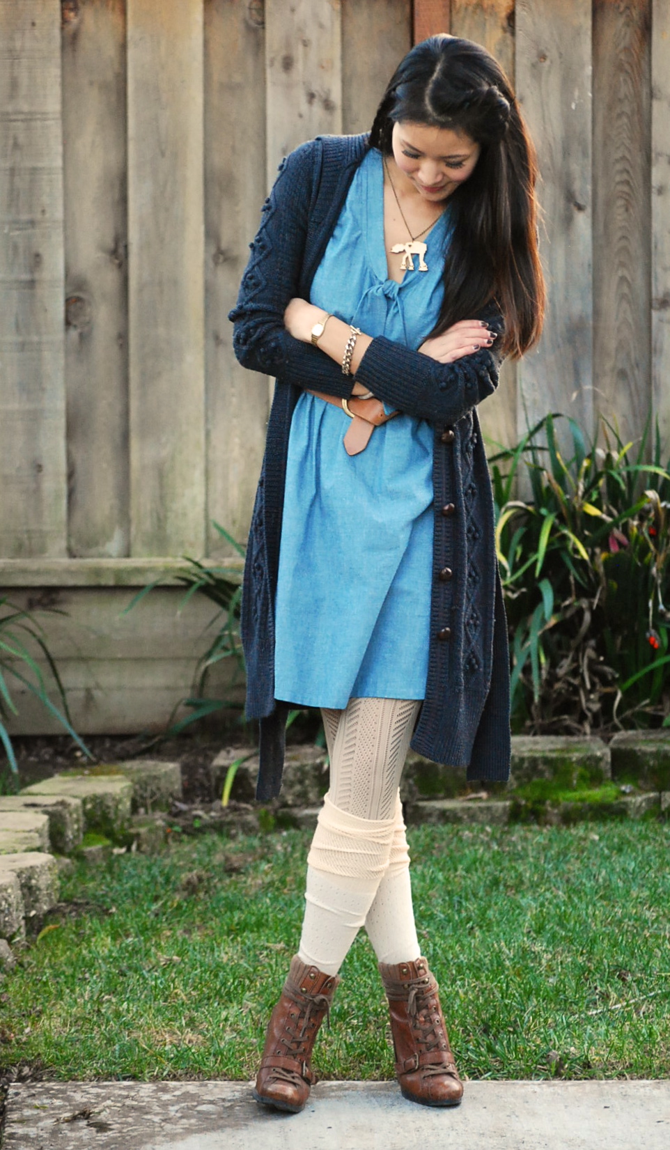 Little Four Clothing Denim Dress and AT-AT necklace with Juicy Long Cardigan