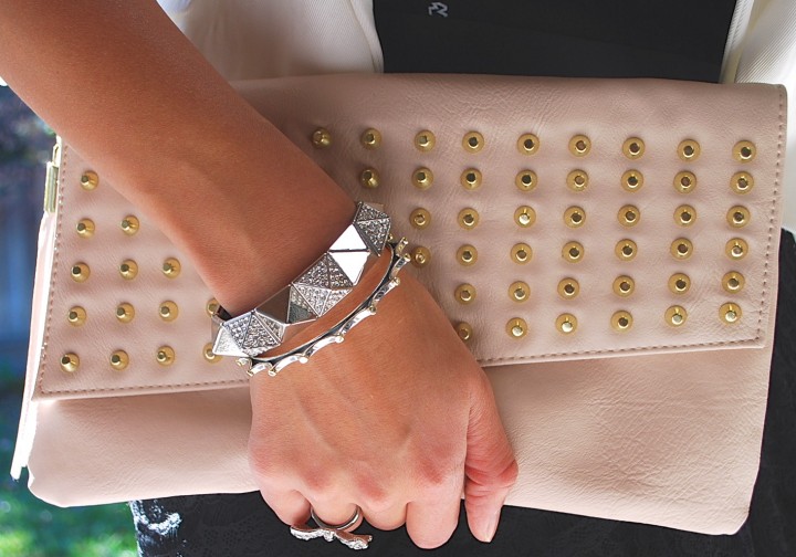 Studded Pink Clutch and Pyramid Bracelet