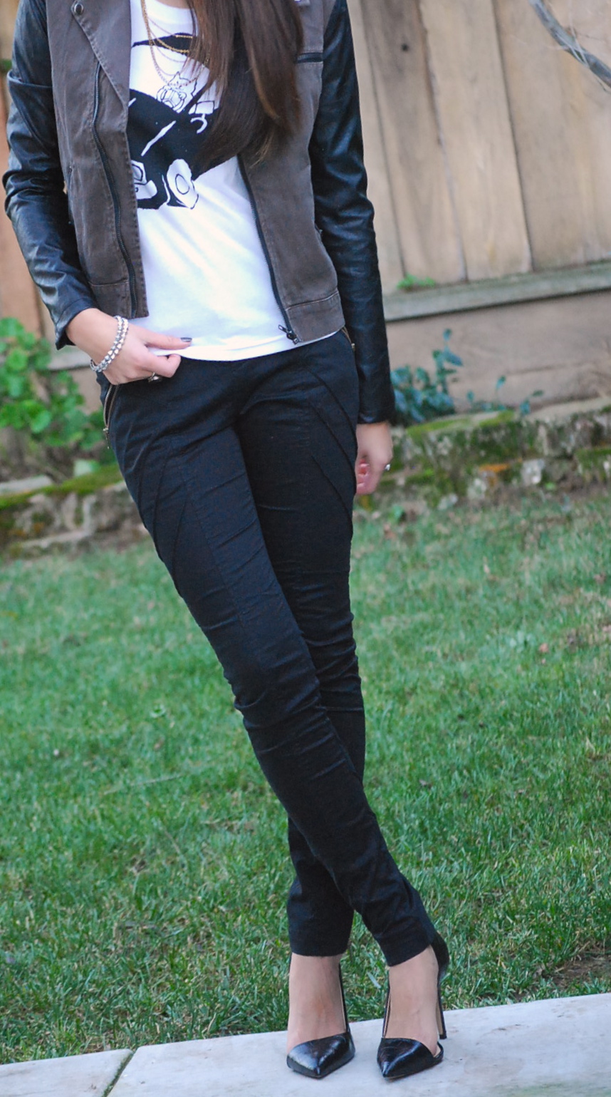 Ritsuko Hirai Shirt, LAMB skinny pants, leather sleeve moto jacket