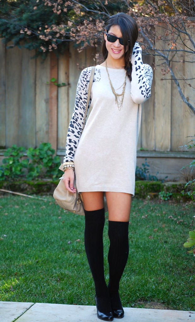 Leopard sleeve dress and over knee socks