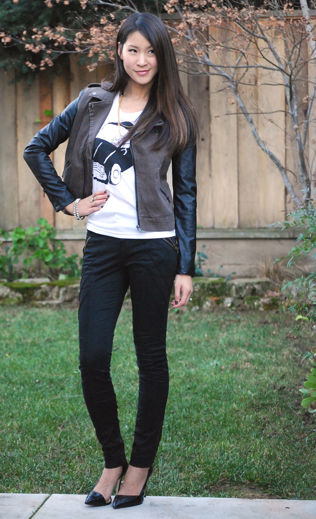 Ritsuko Hirai Shirt and leather sleeve moto jacket