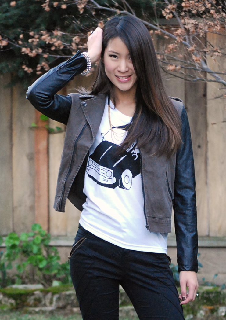 Ritsuko Hirai Shirt and leather sleeve moto jacket