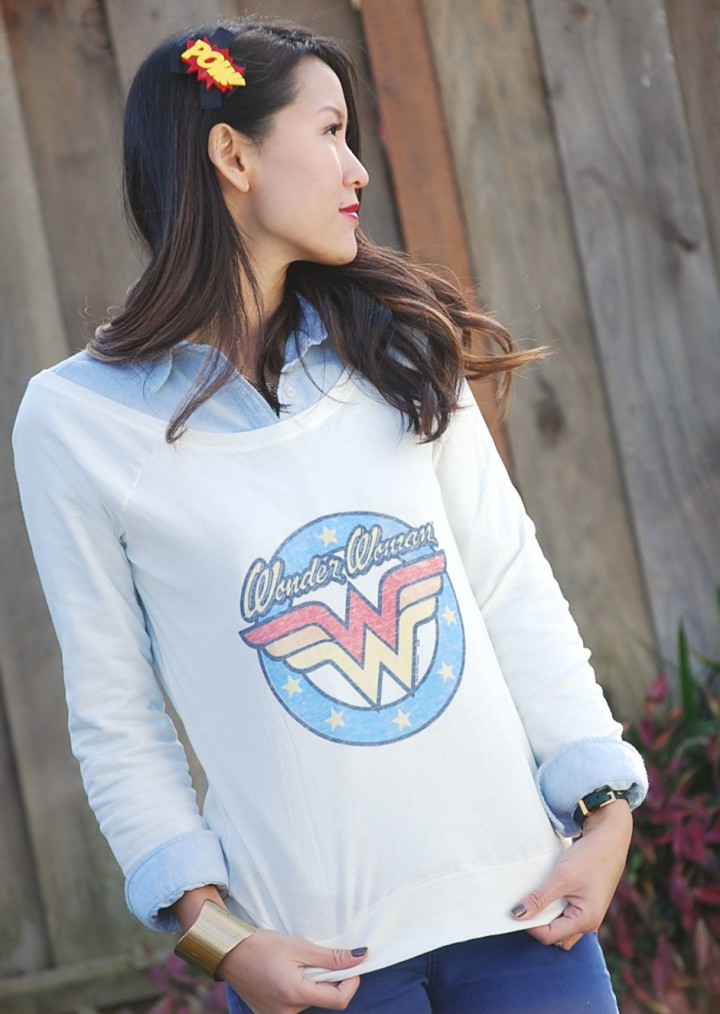 POW! Hair Clip, Wonder Woman Junk Food tee, Chambray Shirt, Colored Jeans Outfit