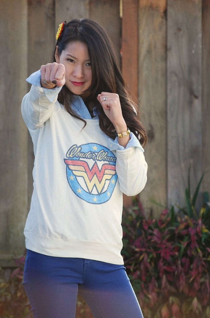 Wonder Woman Junk Food tee, Chambray Shirt, Colored Jeans Outfit