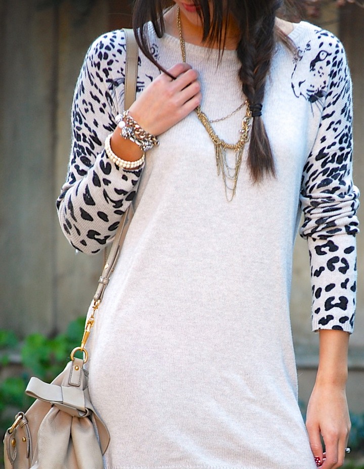 Leopard sleeve dress and over knee socks