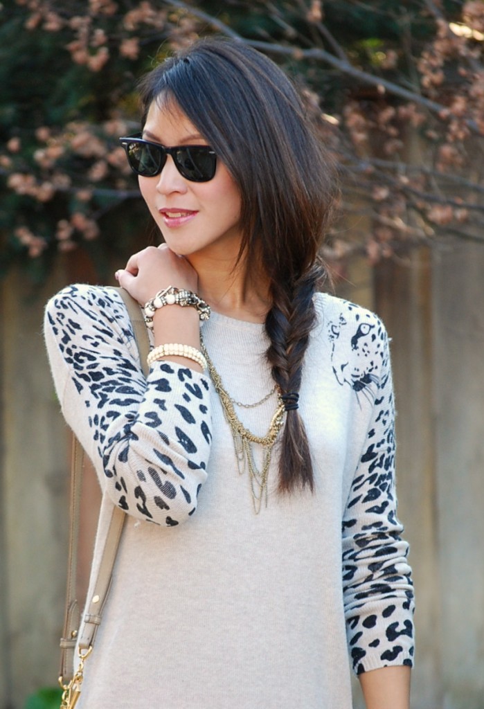 Leopard sleeve dress and over knee socks