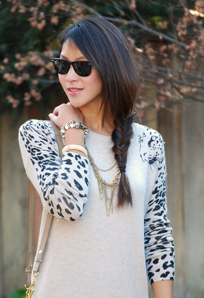 Leopard sleeve dress and over knee socks