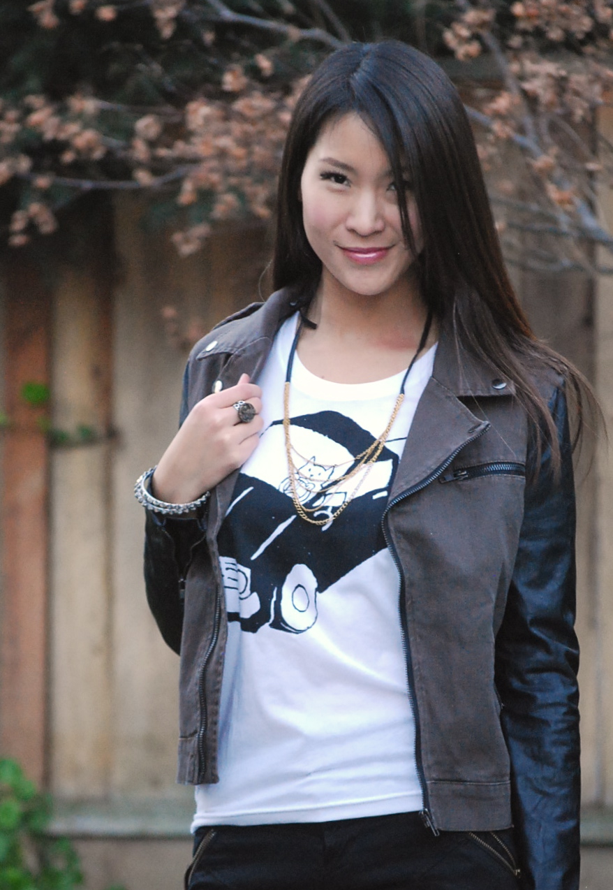 Ritsuko Hirai Shirt and leather sleeve moto jacket