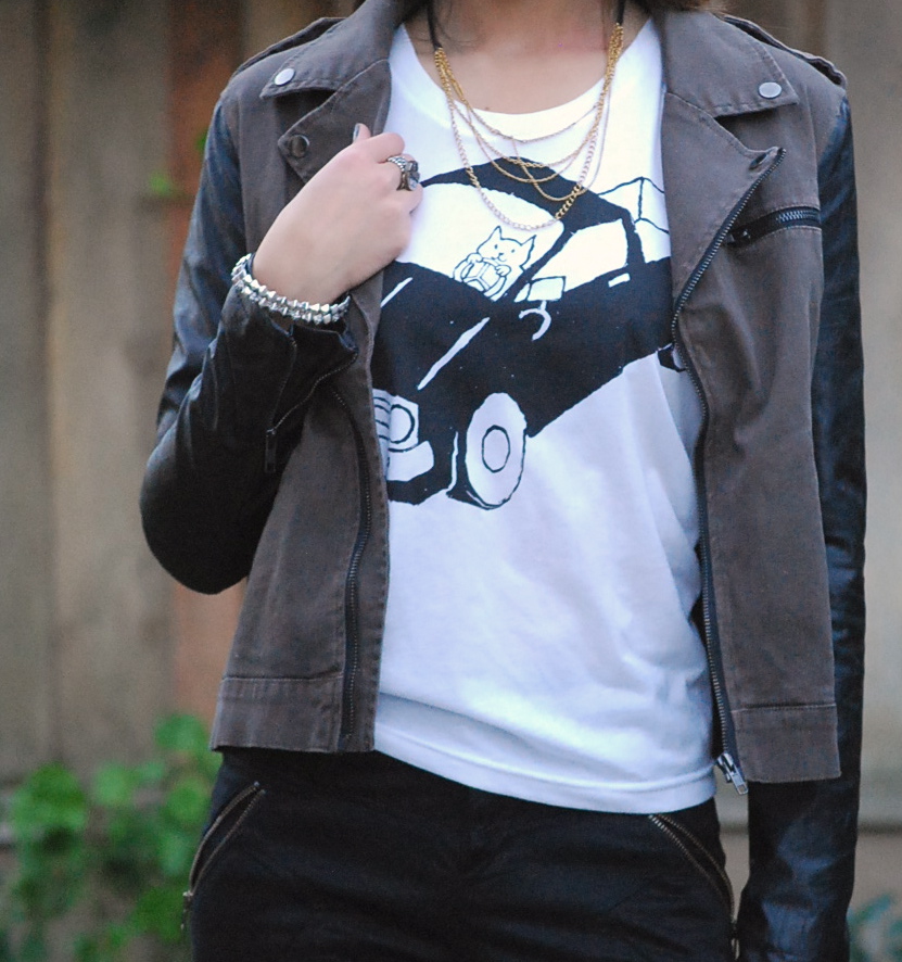 Ritsuko Hirai Shirt and leather sleeve moto jacket