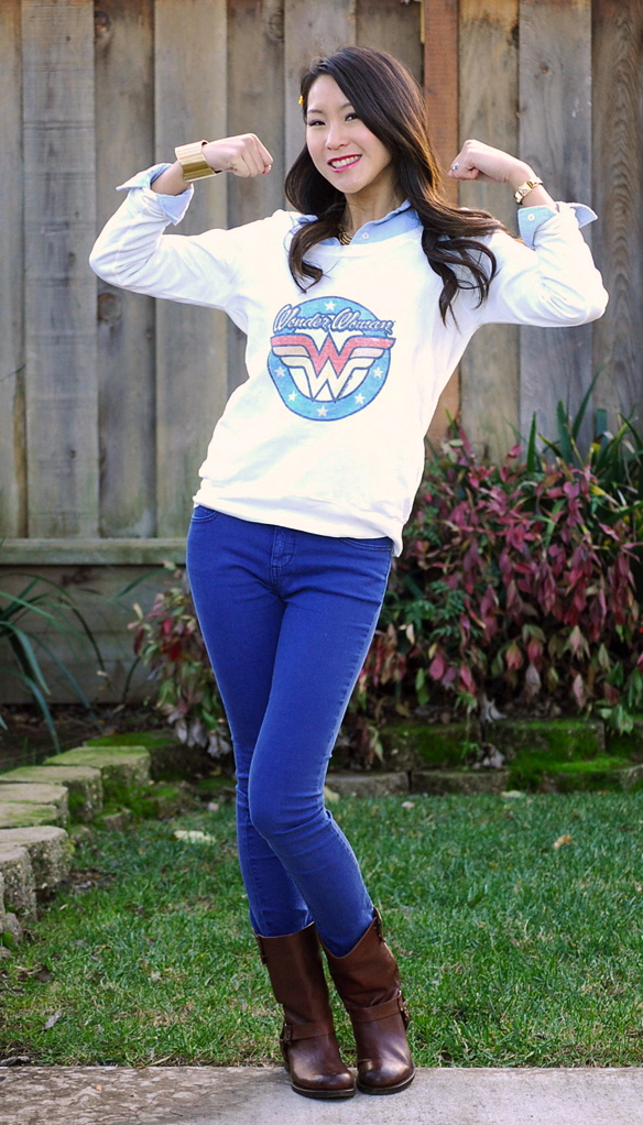 Wonder Woman Junk Food tee, Chambray Shirt, Colored Jeans Outfit