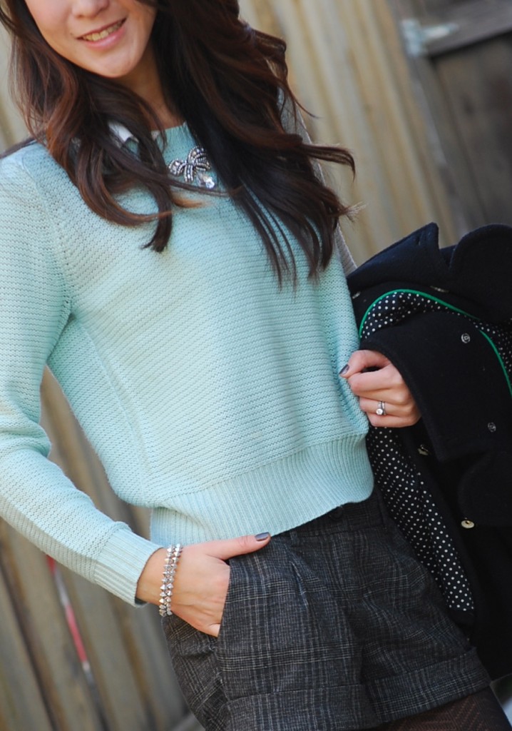 Mint Green Sweater Rhinestone Bow Necklace and Shorts with Tights
