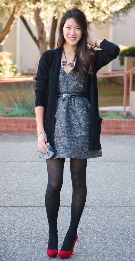 Tweed Dress and Bow Tie Necklace