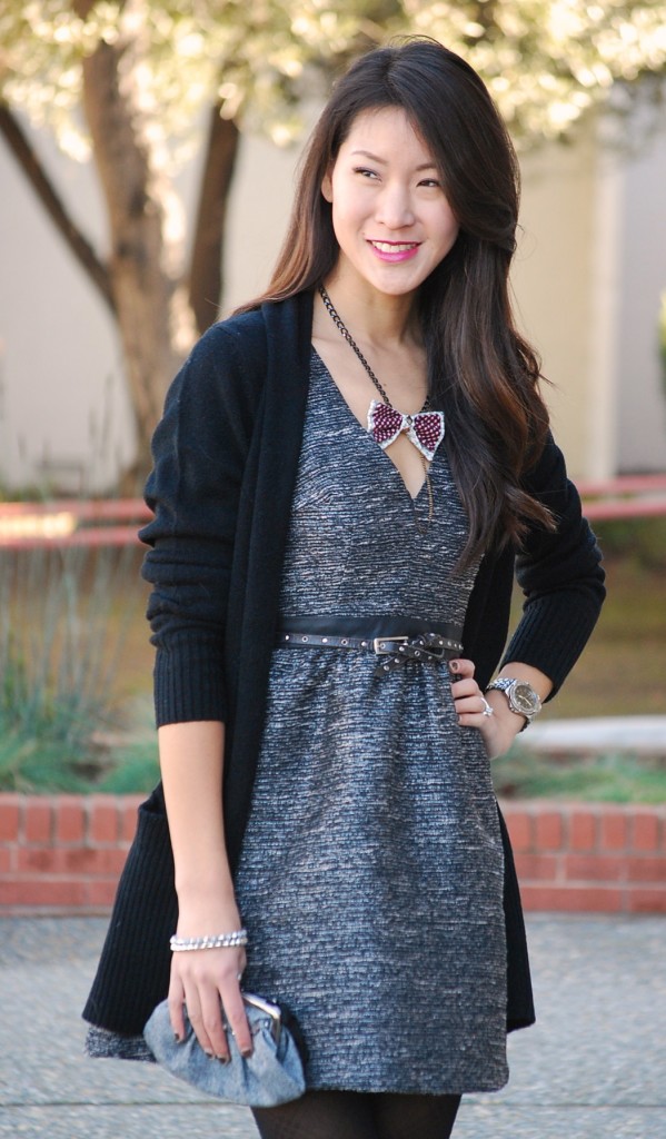 Tweed Dress and Bow Tie Necklace