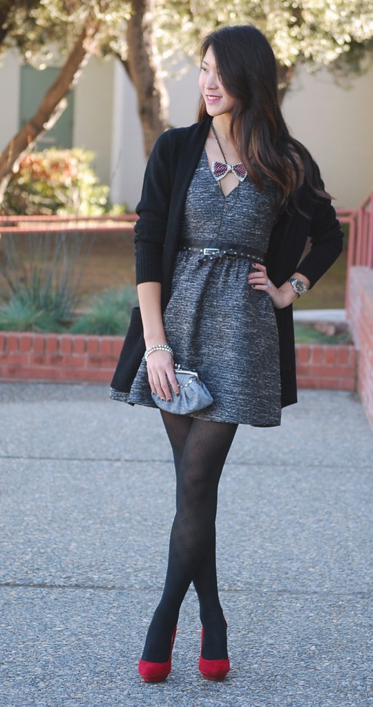 Tweed Leather Dress and Bow Tie Necklace
