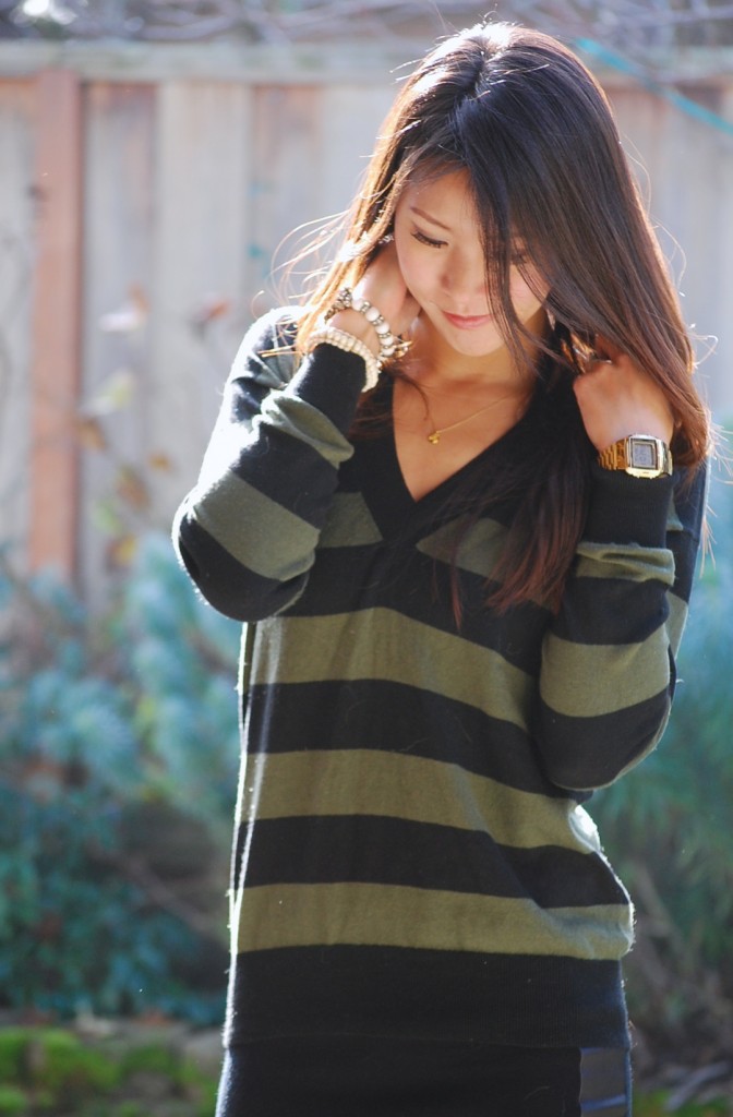 olive black striped sweater and leather panel skirt