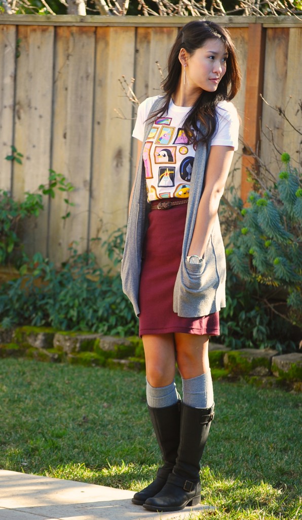 Adventure Time Portrait Shirt, Bodycon skirt, and Finn hat 