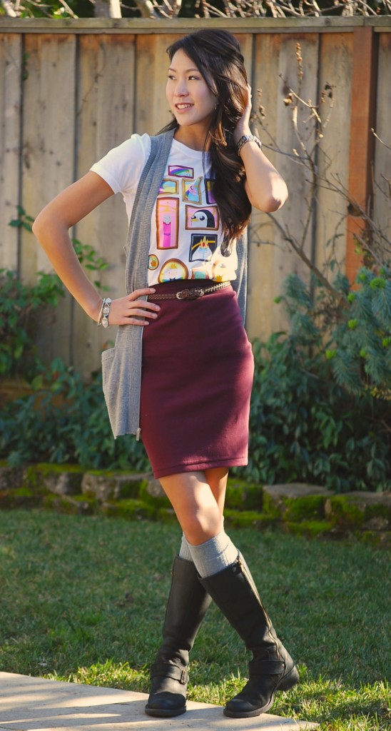 Adventure Time Portrait Shirt, Bodycon skirt, and Finn hat 