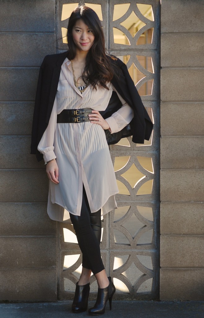 Sheer shirtdress with bodysuit and blazer