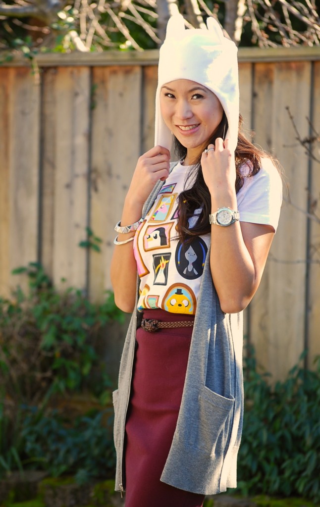 Adventure Time Portrait Shirt, Bodycon skirt, and Finn hat 