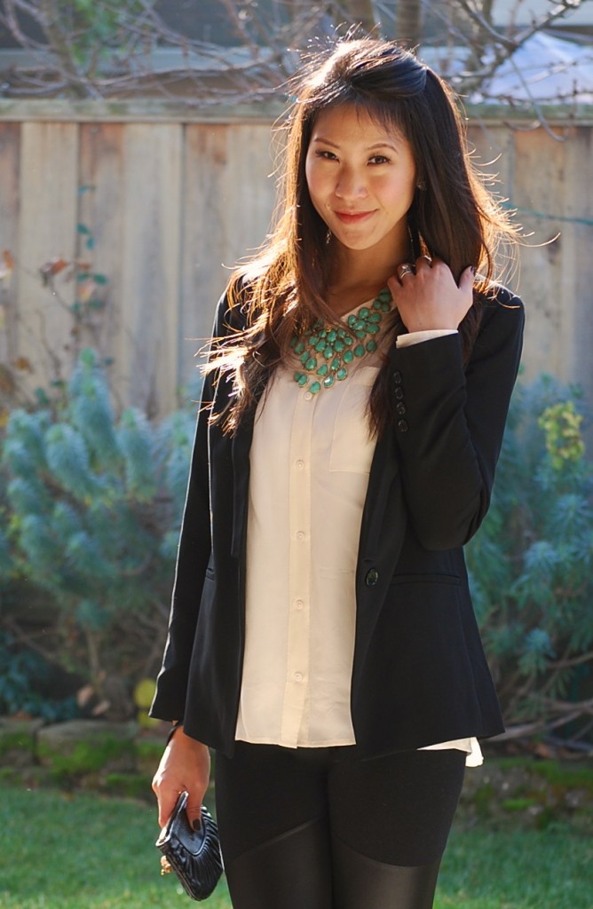 Silk Shirt and Blazer with Turquoise Statement Necklace