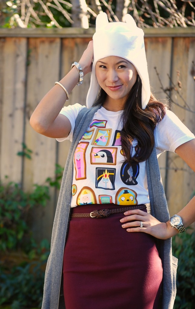 Adventure Time Portrait Shirt, Bodycon skirt, and Finn hat 