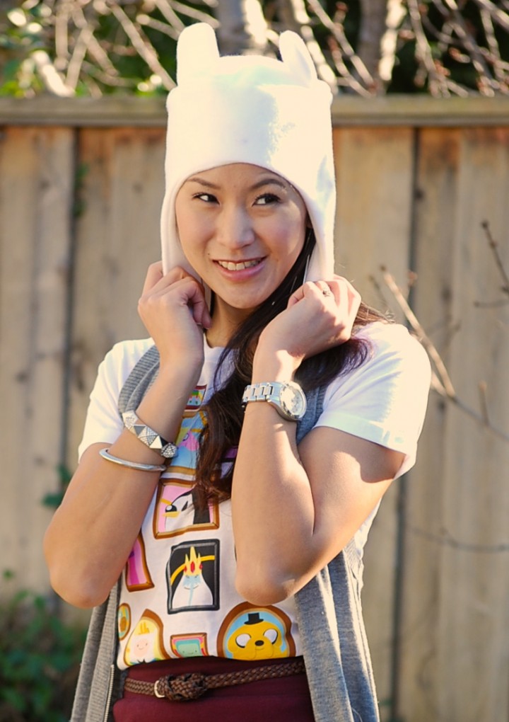 Adventure Time Portrait Shirt, Bodycon skirt, and Finn hat 