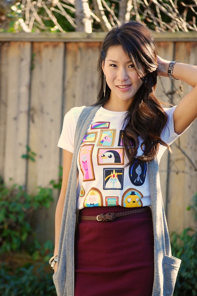 Adventure Time Portrait Shirt, Bodycon skirt, and Finn hat 