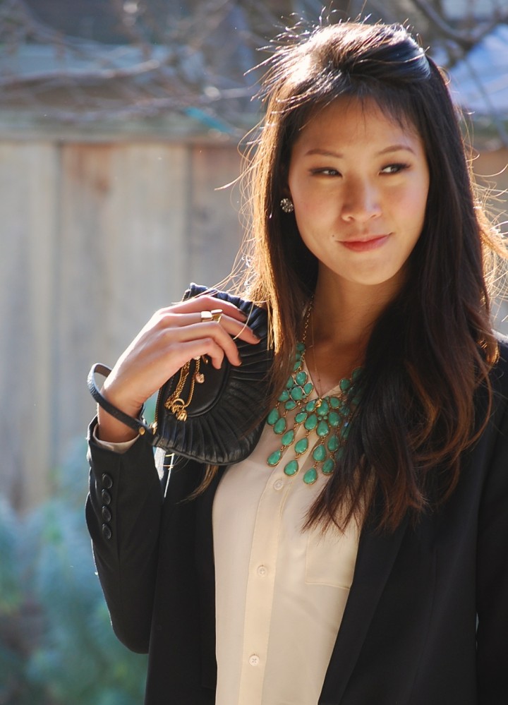 Silk Shirt and Blazer with Turquoise Statement Necklace