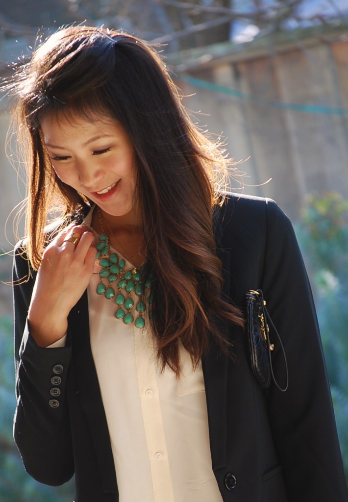 Silk Shirt and Blazer with Turquoise Statement Necklace