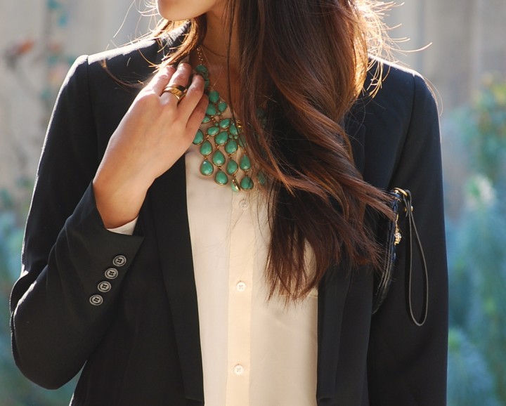 Silk Shirt and Blazer with Turquoise Statement Necklace