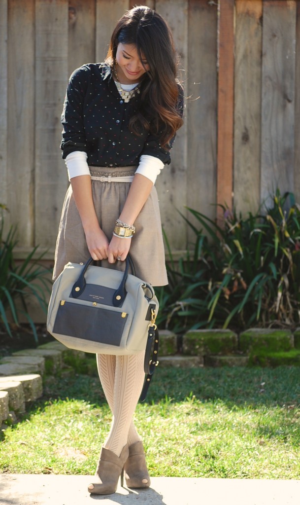 Madewell Dotted Shirt and Jcrew Wool Mini Skirt