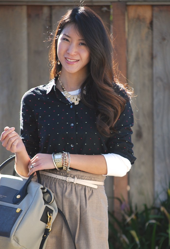 Madewell Dotted Shirt and Jcrew Wool Mini Skirt