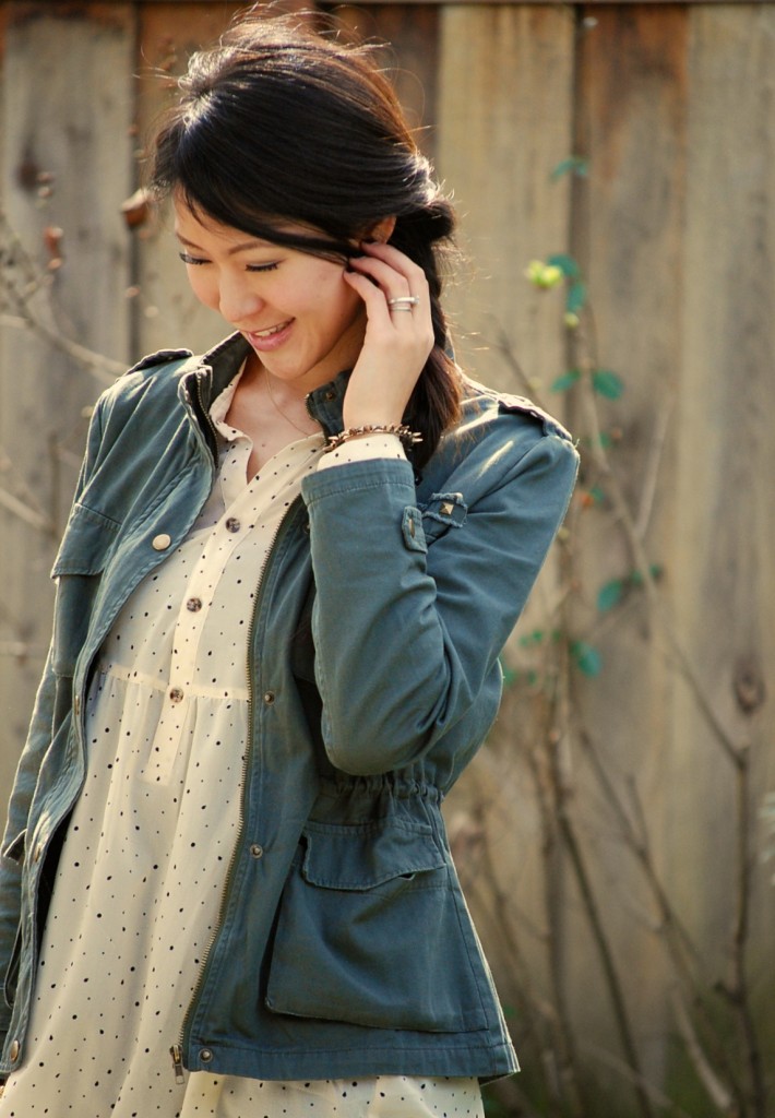 Army Jacket and Volcom Sheer Dotted Dress