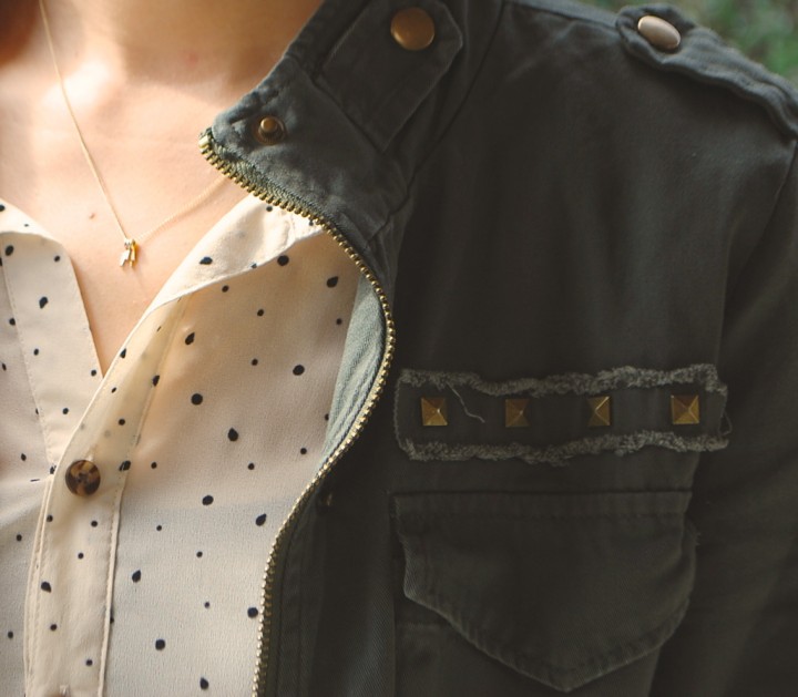 Army Jacket and Volcom Sheer Dotted Dress - Dogeared 3 wishes lightning necklace