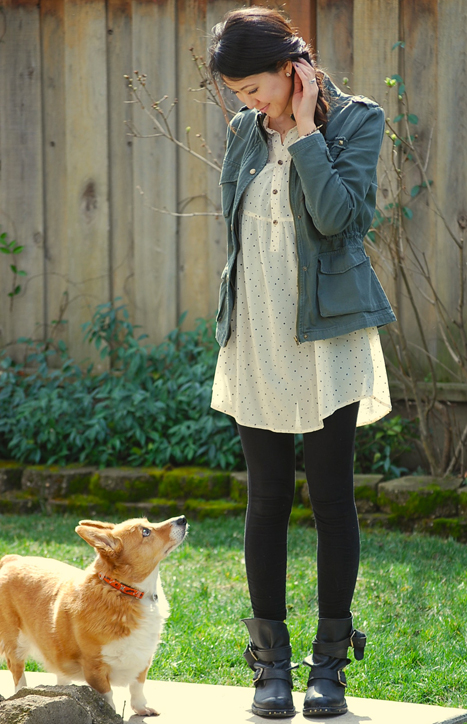 Army Jacket and Volcom Sheer Dotted Dress